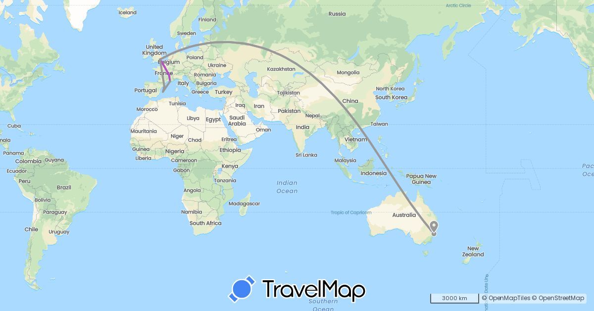 TravelMap itinerary: driving, plane, train in Australia, Spain, France, United Kingdom (Europe, Oceania)